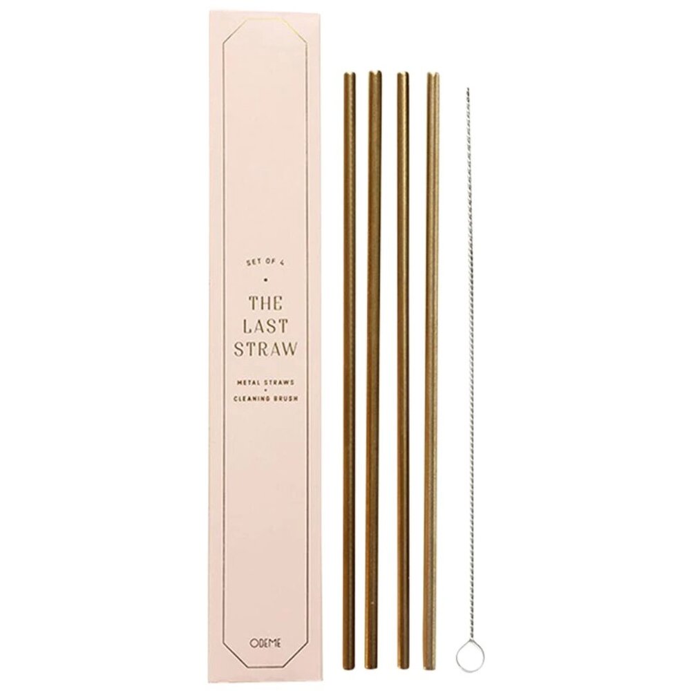 ODEME “The Last Straw” Set of 4 Gold Plated Metal Drinking Straws NEW IN‎ BOX!!